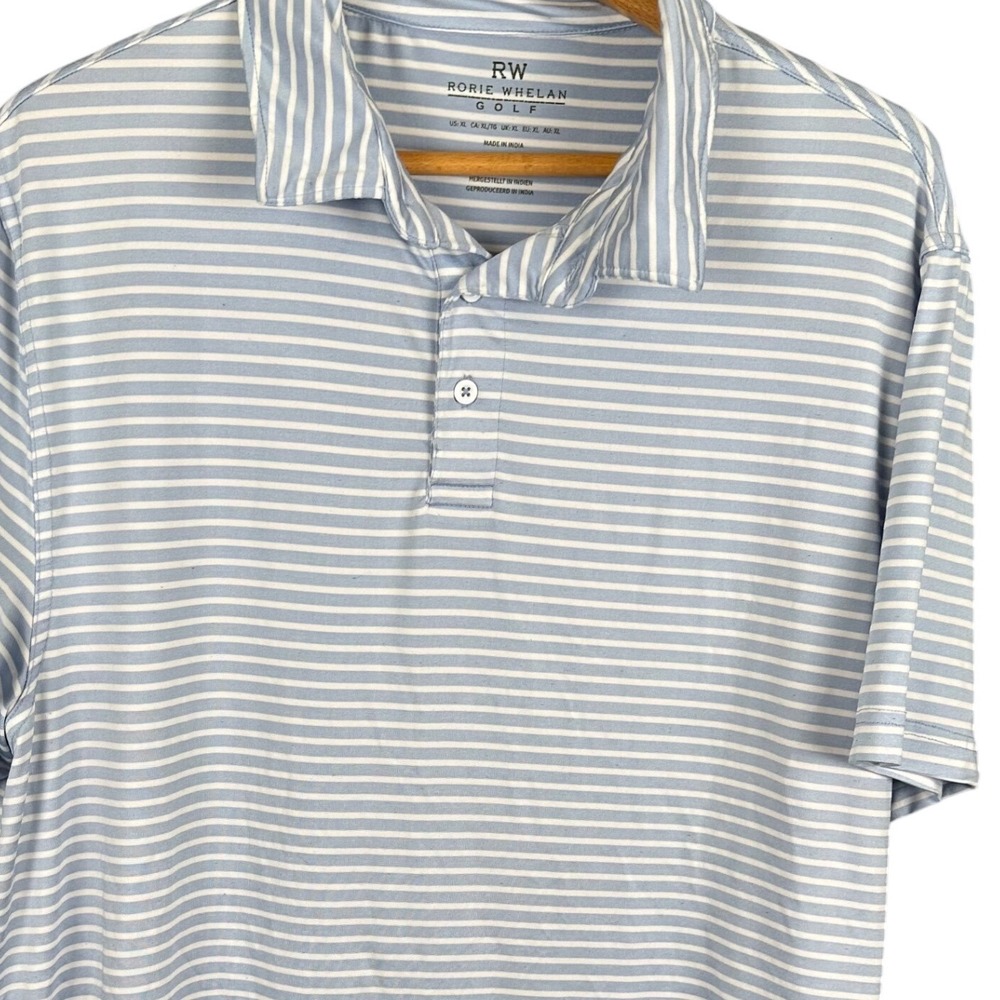 Rorie Whelan Golf Mens XL Blue White Striped Short Sleeve Polo Shirt